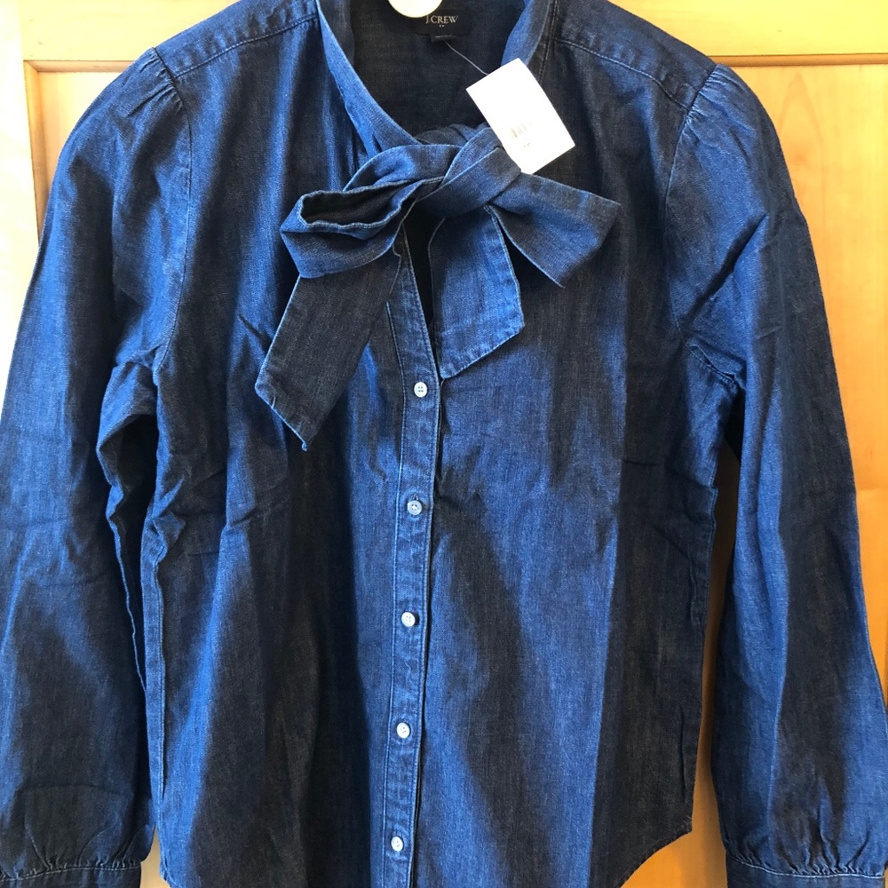 New NWT J Crew Chambray Pussybow Shirt